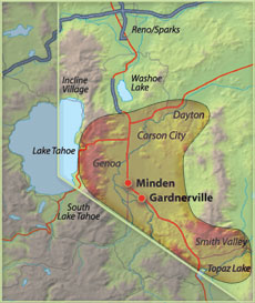 Map of area served.  Includes: Minden, Gardnerville, Carson City, Dayton, Genoa, and Smith Valley